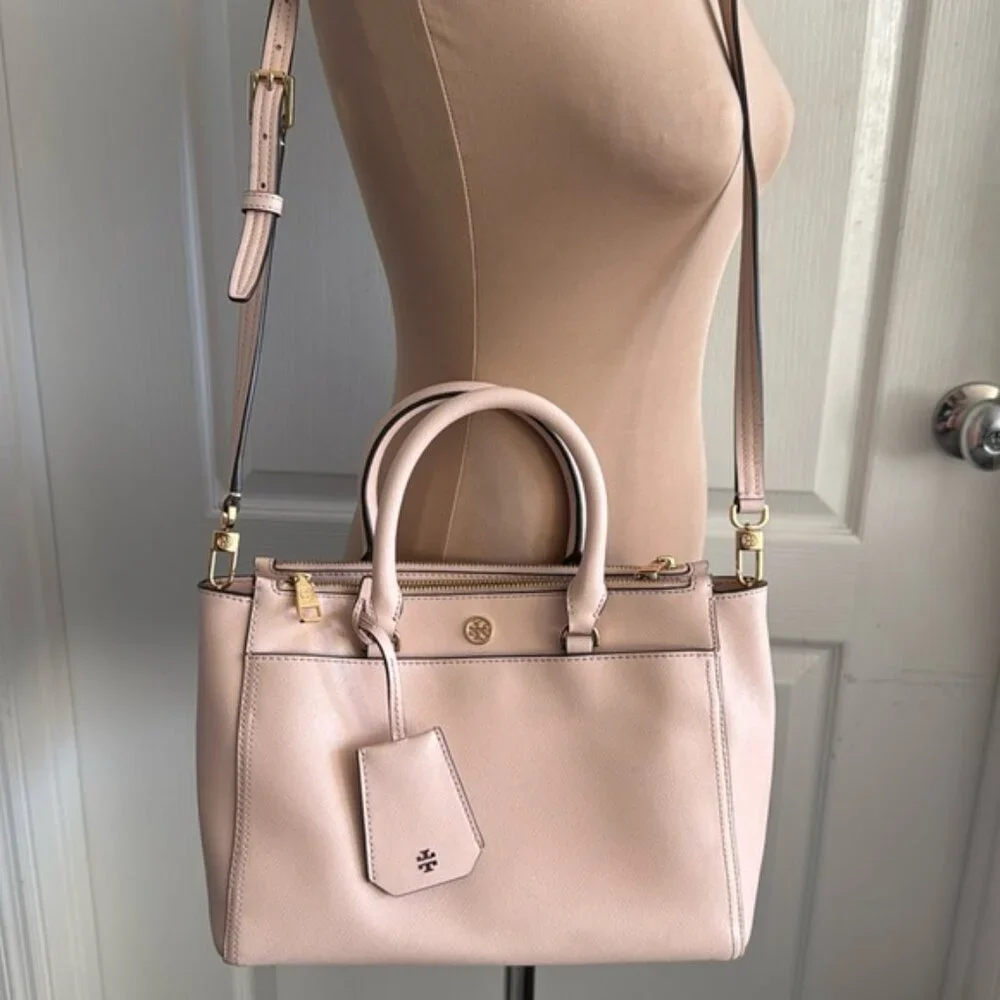 Tory Burch Double Zip Saffiano Leather Pink Tote Handbag Cossbody